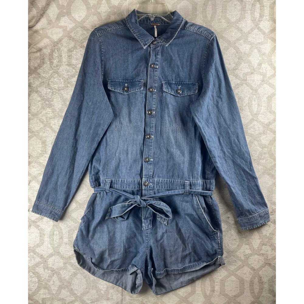Free People Denim Romper Women Medium Blue Long Sleeve Tie Waist Cotton Utility